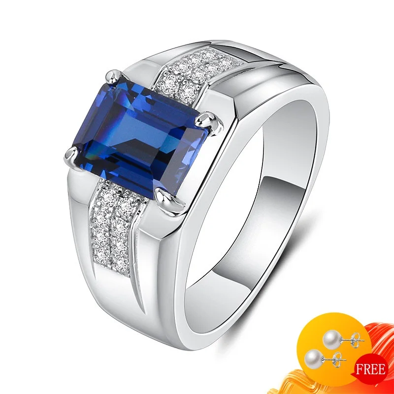 Модные мужские кольца 925 серебряные ювелирные изделия прямоугольник сапфир