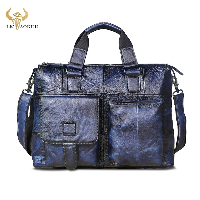 Men Original Real Leather Blue Fashion Business Briefcase 15&quot Laptop Case Attache Portfolio Bag One Shoulder Messenger B260 | Багаж и
