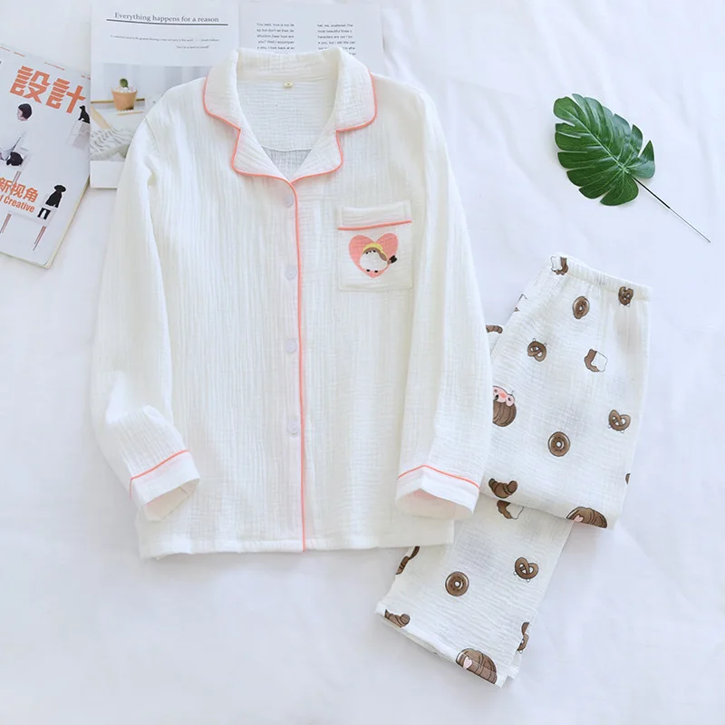 

Spring 100% Cotton Gauze Pajamas Long Sleeve Trousers Sleepwear Women White Home Wear Cartoon Lapel Pijamas 2 Piece Lounge Wear