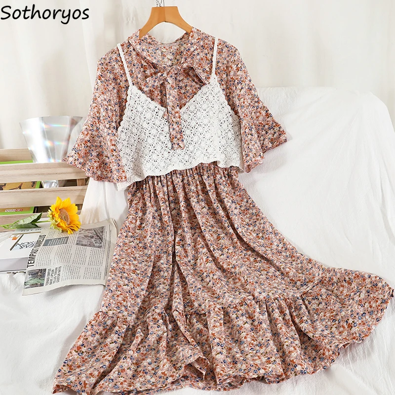 

Vintage Chiffon Dress Women Summer Floral Printed Holiday High Waist Ribbon Bow Ruffles Sweet Dresses with Knitted Camis Elegant