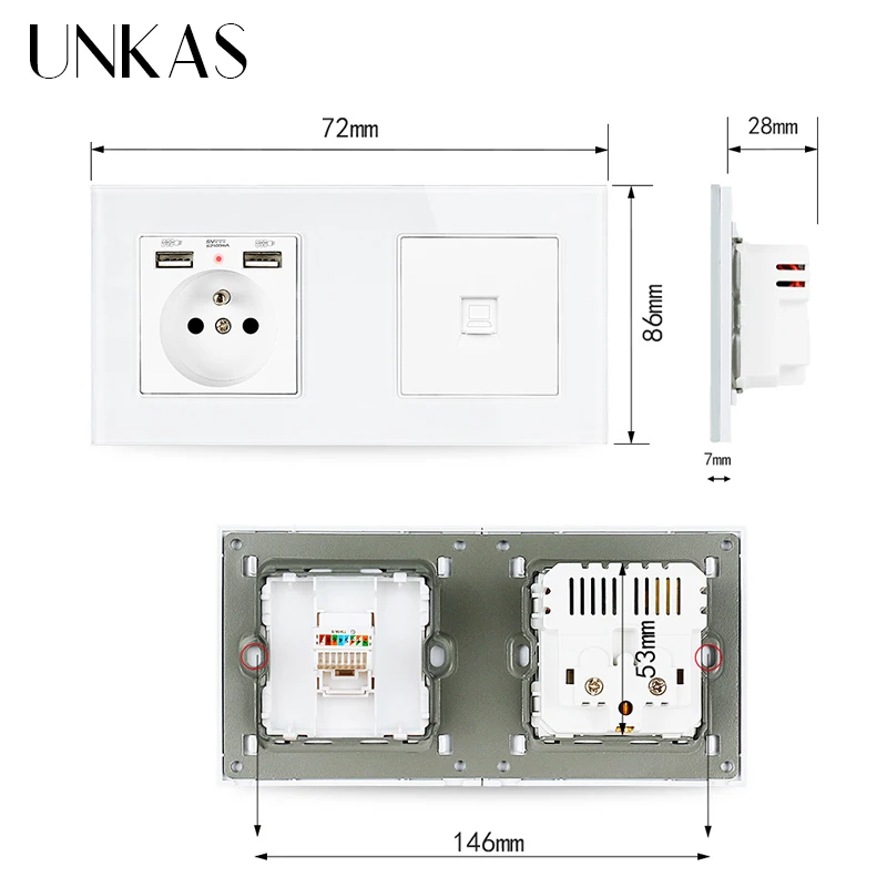 Настенная розетка UNKAS серая стеклянная панель французская стандартная с 2