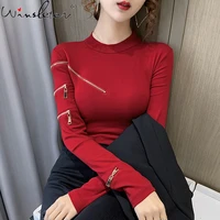 spring european clothes solid t shirt fashion design sexy zipper women tops bottoming shirt long sleeve tees new 2021 t17729a
