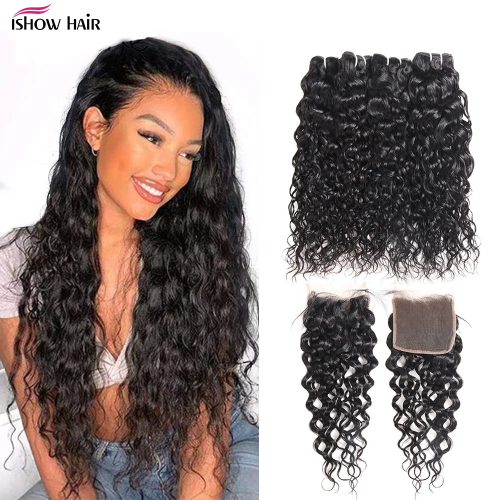 

Ishow Malaysian Hair Water Wave Bundles With Closure 100% Human Hair Weave 3 Bundles With Closure Non Remy Hair Extensions