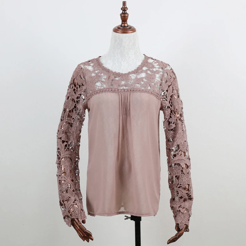 Новинка 2019 осенняя модная Кружевная блуза для женщин одноцветная с длинным