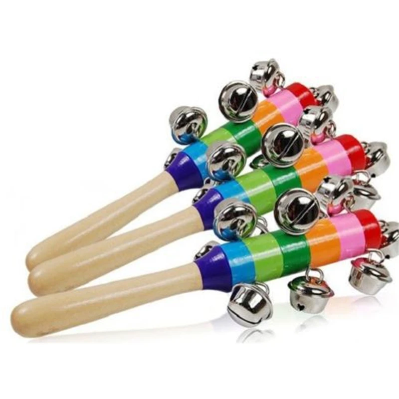 

1 PC Wooden Stick 10 Jingle Bells Rainbow Hand Shake Bell Rattles Baby Kids Children Educational Toy