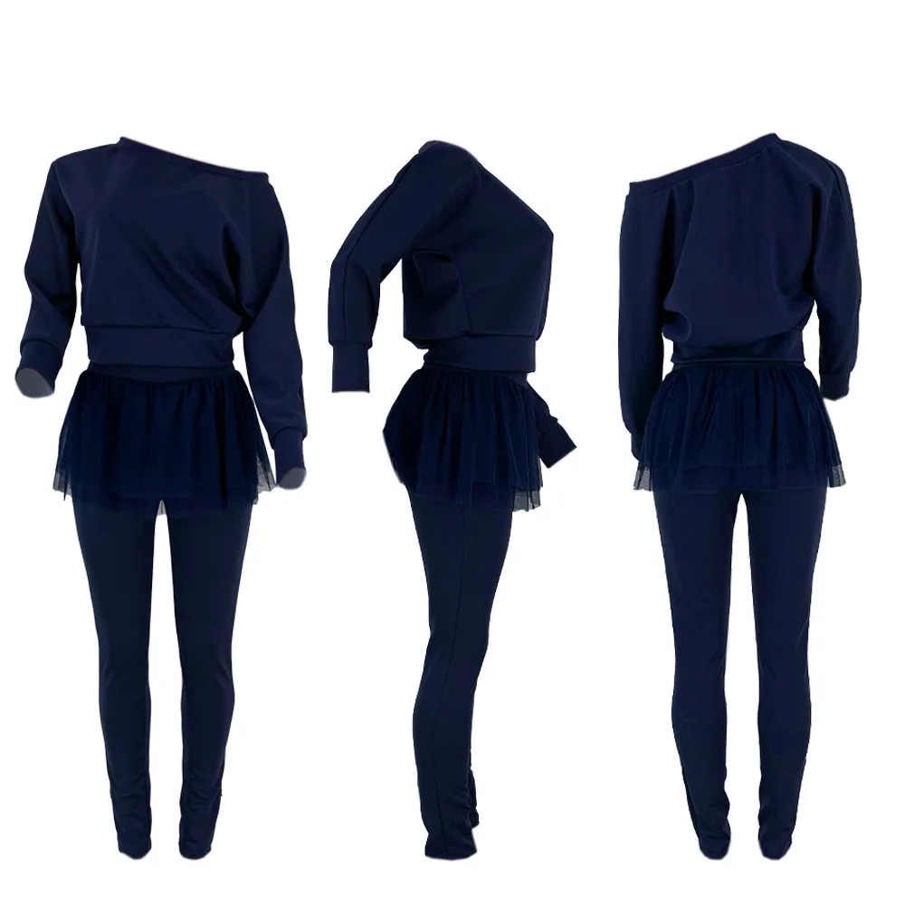 

Skew Neck Loose Casual 2 Piece Sets Mesh Patchwork Long Sleeve Top+Pants Outfits Women Off Shoulder Sexy Club Suits Plus Size