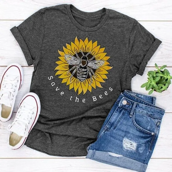 

KOL Save The Bees Printed Tee Women Chic Bee Flower Top S-3XL Gothic Kawaii Graphic Tees Women NEW Gift for Women