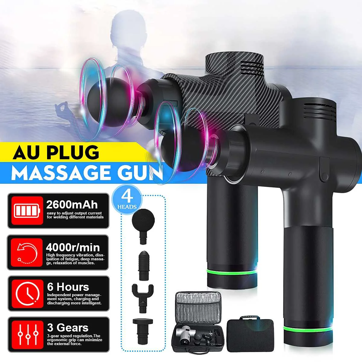 

4 Head 4000r/min Percussion Electric Massage Gun Muscle Therapy Device For Athlete Sports Relaxing Shock Deep Muscles