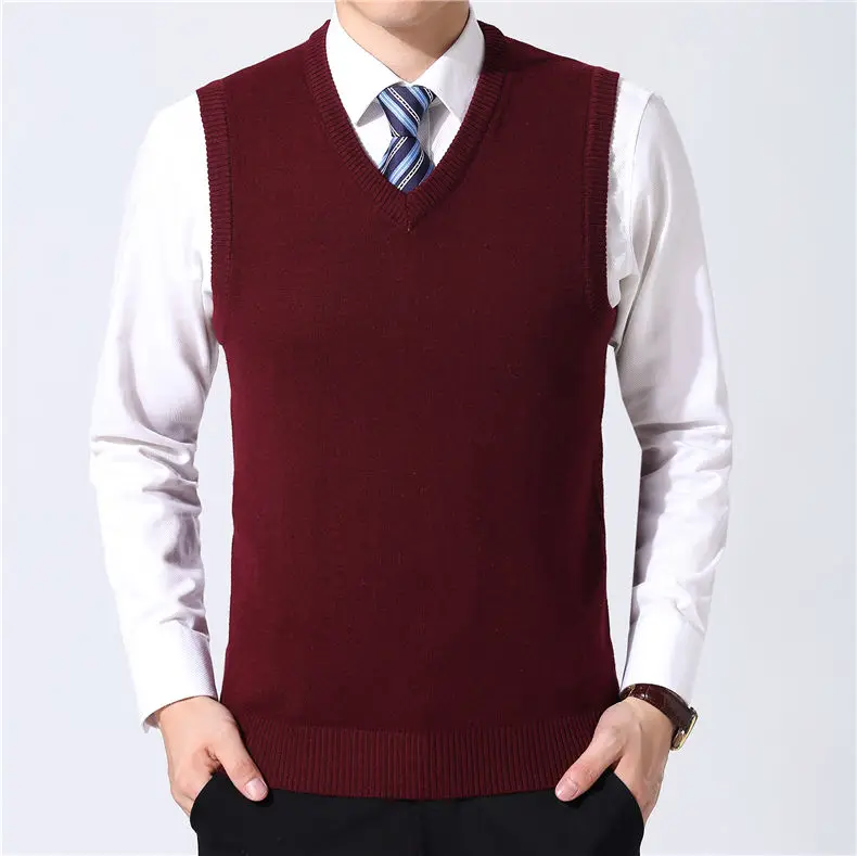 Zogaa Sweater Men Clothes Autumn Winter Warm Cashmere Wool Pullover Homme Classic Casual V-Neck Sleeveless Vest Sweaters - Цвет: Бургундия