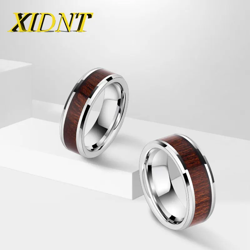 

XIDNT Fashion Creative Design Punk Metal Stainless Steel Inlaid Wood 8MM Men And Women Couple Eedding Rings Birthday Party Gifts