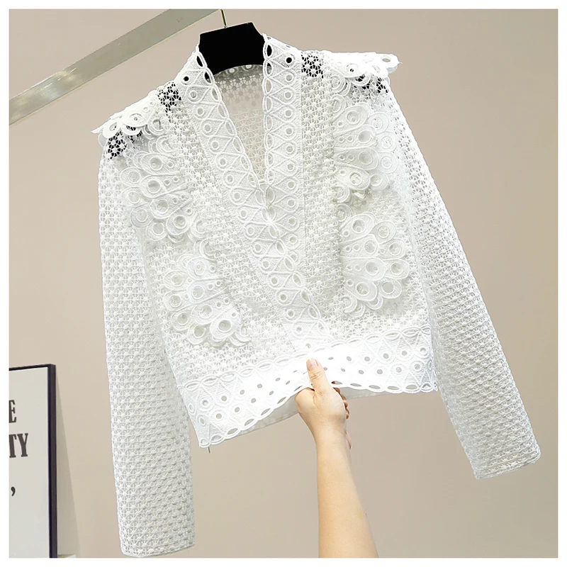 

Fashion Crochet Hollow Out V-neck Lace Shirt for Woman Long Sleeve Blouse Female 2020 New Elegant Chic Top Blusas