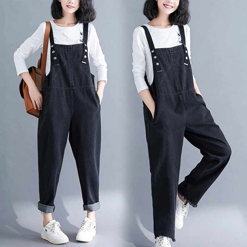 Women Loose Casual Jumpsuits Large Size Cotton Denim Overalls for Rompers Vintage Black Wide Leg | Женская одежда