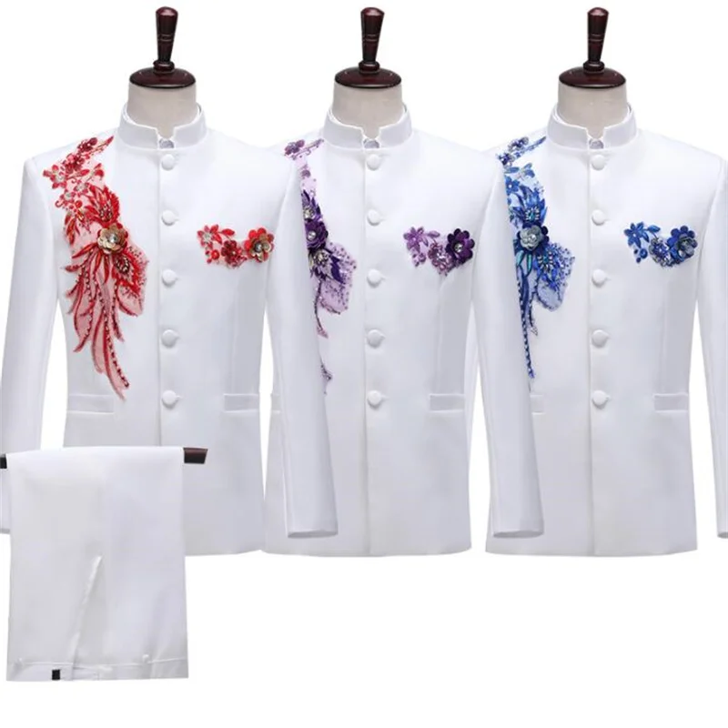 Blazer men standing collar embroidery suit set with pants mens wedding suits costume singer stage clothing applique formal dress