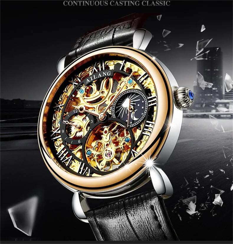 AILANG Moon Phase, мужские винтажные автоматические механические часы, мужские часы со скелетом, s Tourbillon, часы, лучший бренд, Роскошные, Новинка