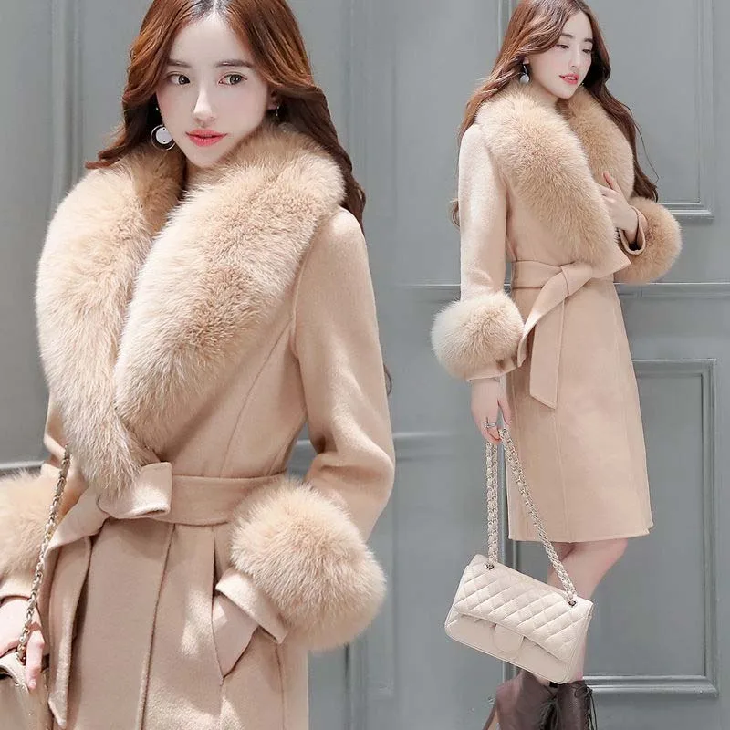 Женское шерстяное пальто корейское модное облегающее средней длины со шнуровкой