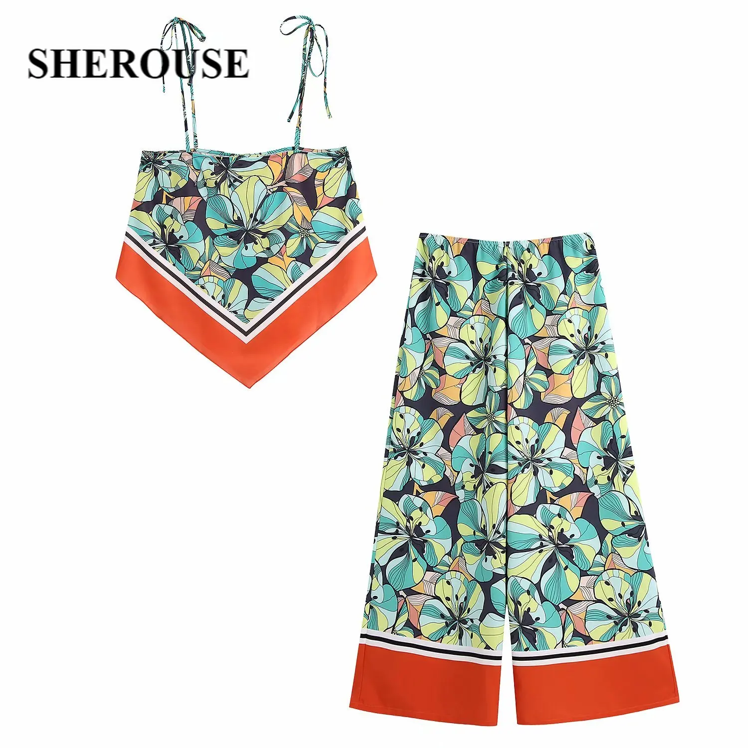 

2021 New Women Printed 2 Pieces Set Crop Tops & Loose High Waist Trousers Suit Chic Lady Fashion Casual Women Outfit Pants Sets