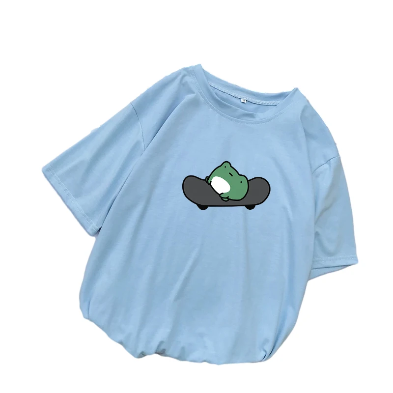 

Футболка женская летняя с принтом, милый топ в стиле Харадзюку, скейтборд, лягушка, мультяшный принт, Свободная Повседневная модная одежда в...