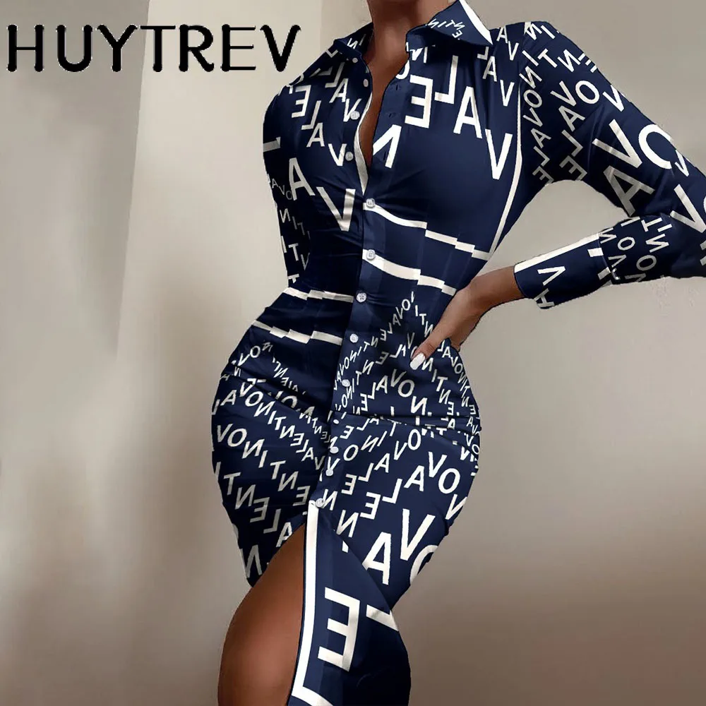 

Letter print dress for women autumn long sleeve lapel sexy Breasted Button bodycon midi dresses fashion party club clothes 2021