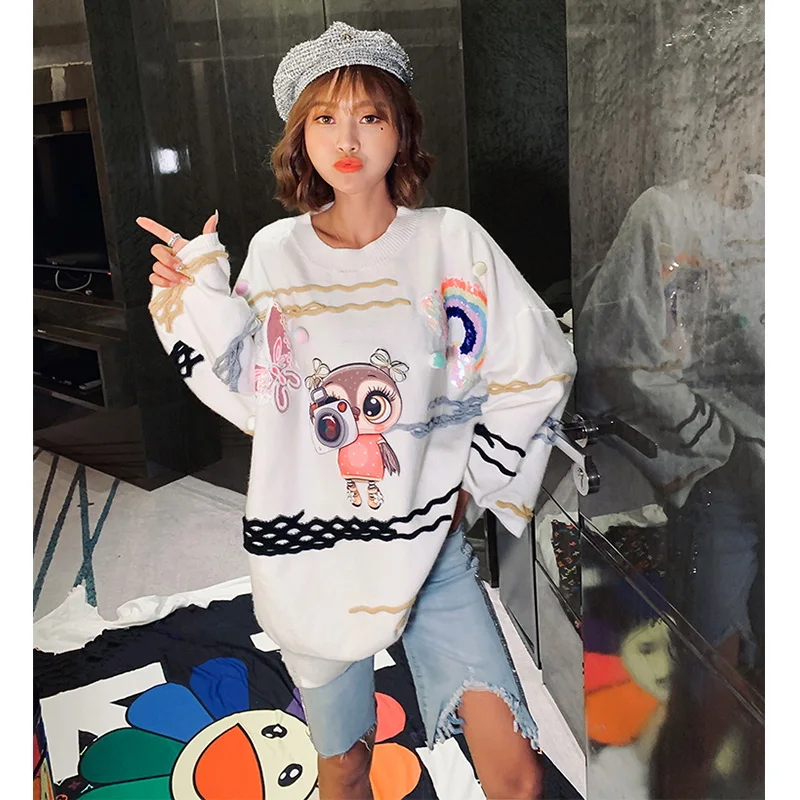 2019 осень мультфильм печати свитера с блестками Модные женские шикарные | Женская