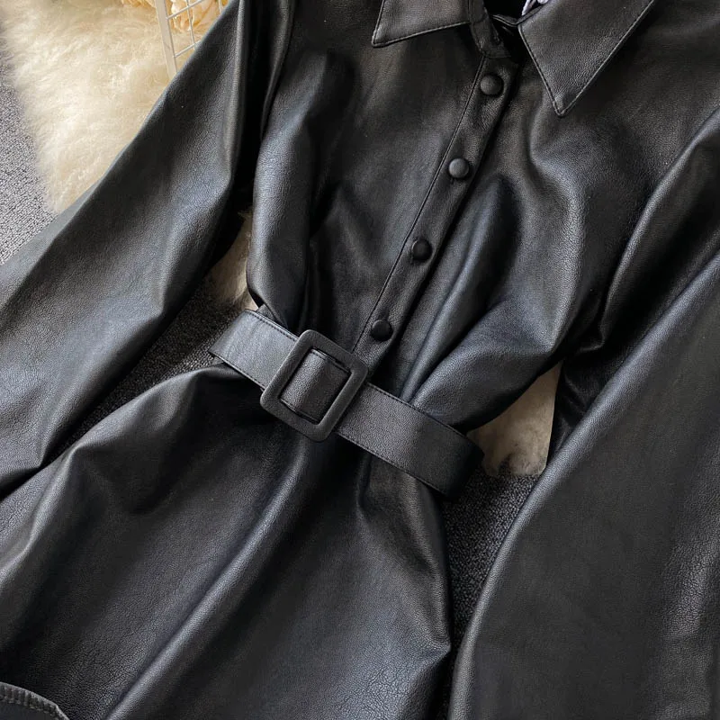 

Women PU Leather OL Dresses Sexy Y2K Summer Black Long Sleeve Office Lady Party Dress Fashion Solid Clothes Vestidos Wear D370