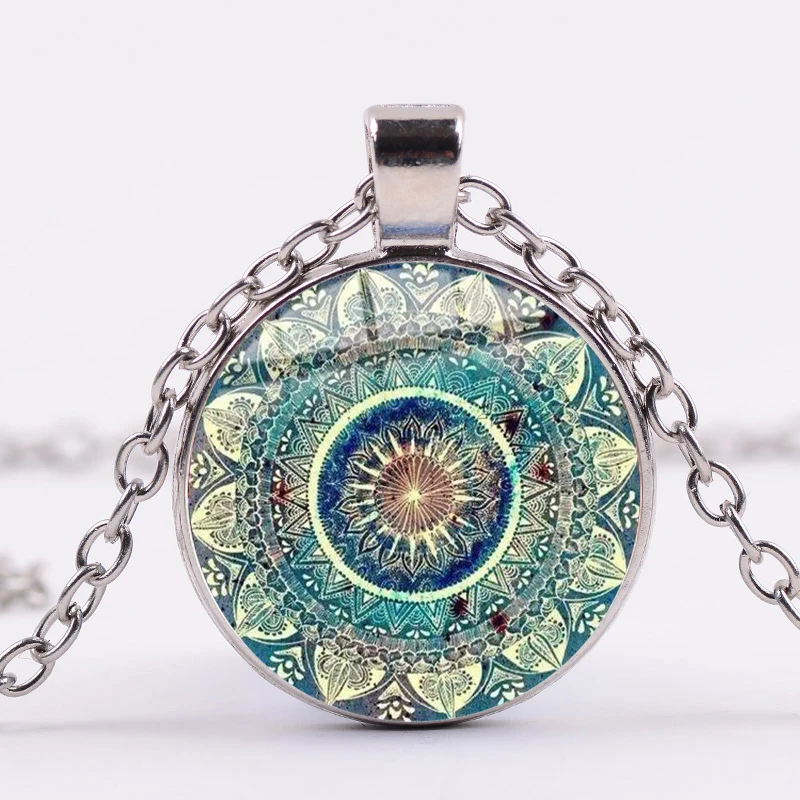 

Blue Charm Mandala Necklace Buddhism Chakra Om India Zen Yoga Symbol Glass Dome Pendants Jewelry Lucky Amulet for Unisex