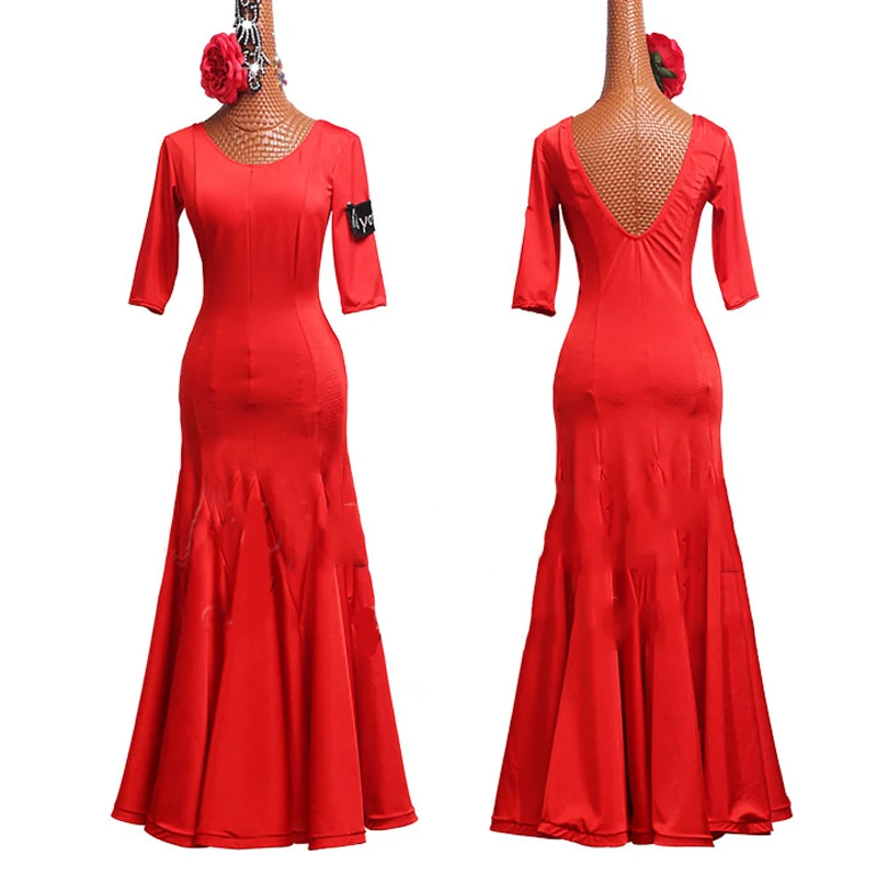 Красное платье для бальных танцев соревнований Женская Одежда длинное с круглым