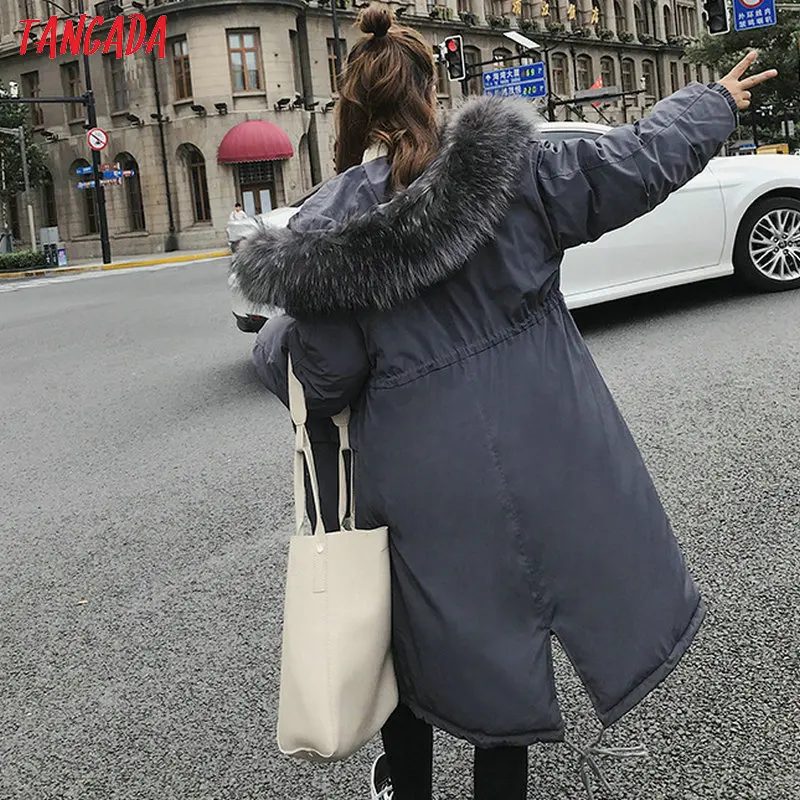 Tangada зимнее женское черное пальто с хлопковой подкладкой размера плюс 2XL длинная парка с меховым воротником пальто с капюшоном теплая верхняя одежда AMK11