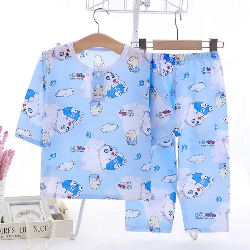 

Children Pajama Sets for Teen Girls Kids Sleepwear Baby Boy Tracksuits Three Quarter Tops Tees Pant Suit Cartoon Viscose Clothes