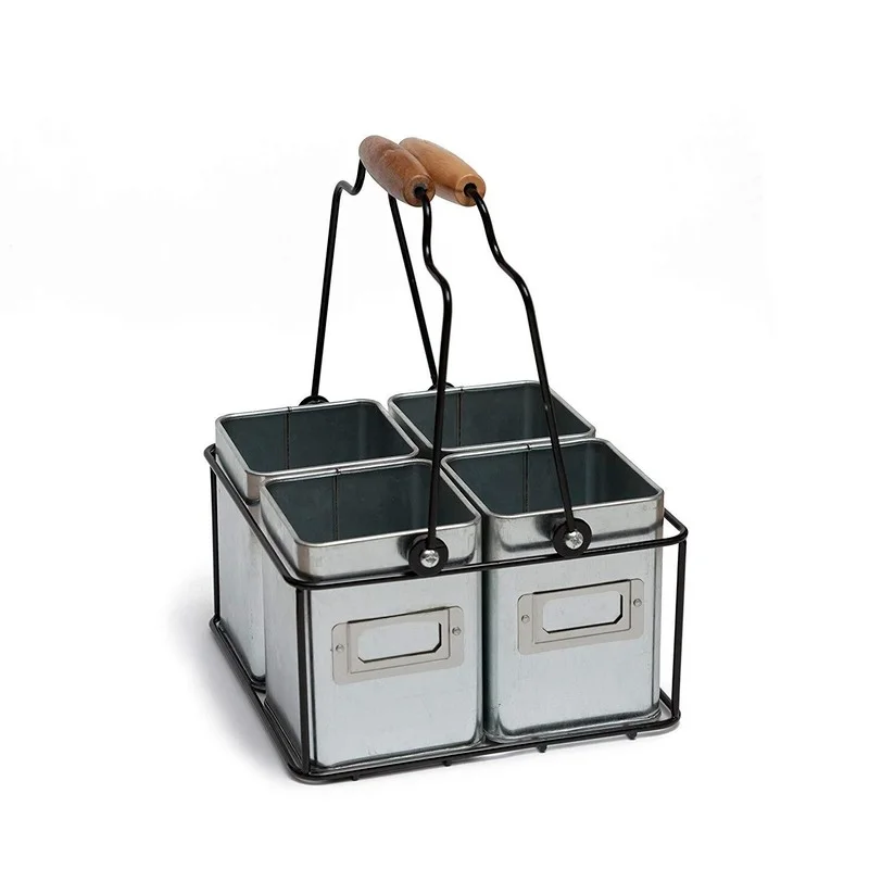 

Multiple Usage Wood Handle Handmade Wire Basket Caddy With 4 Galvanized Zin boxes Kitchen Racks Desktop Tableware Storage Basket