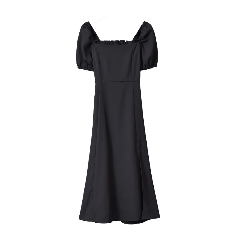 

TVVOVVIN French Square Neck Puff Sleeve Dress Women's 2021 Summer New Slim Solid Color High Waist Split Mid Length Dress GO1M