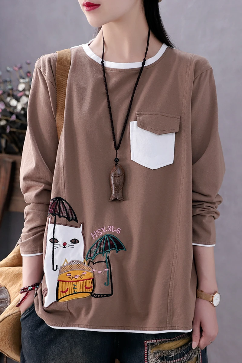 

Retro art spring new t-shirt women's long-sleeved loose appliqu embroidered color matching bottoming shirt top