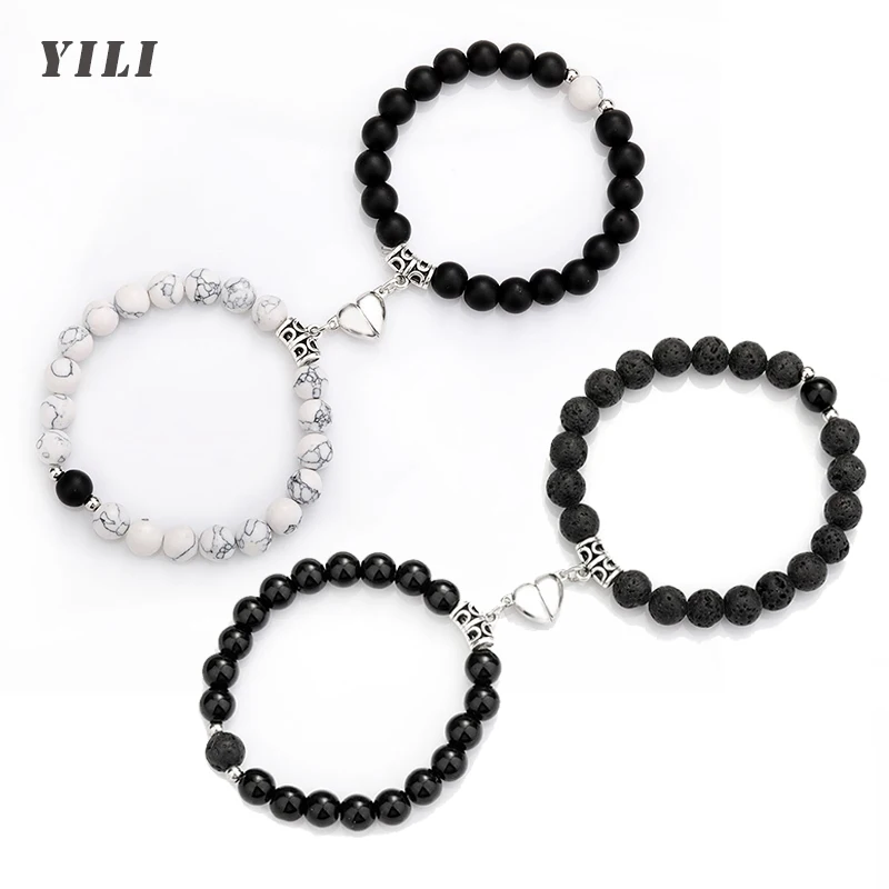 

Браслет с радужными бусинами, пара браслетов, Белый Howlite черный матовый магнитный браслет, ювелирные изделия из натурального камня ЛГБТ