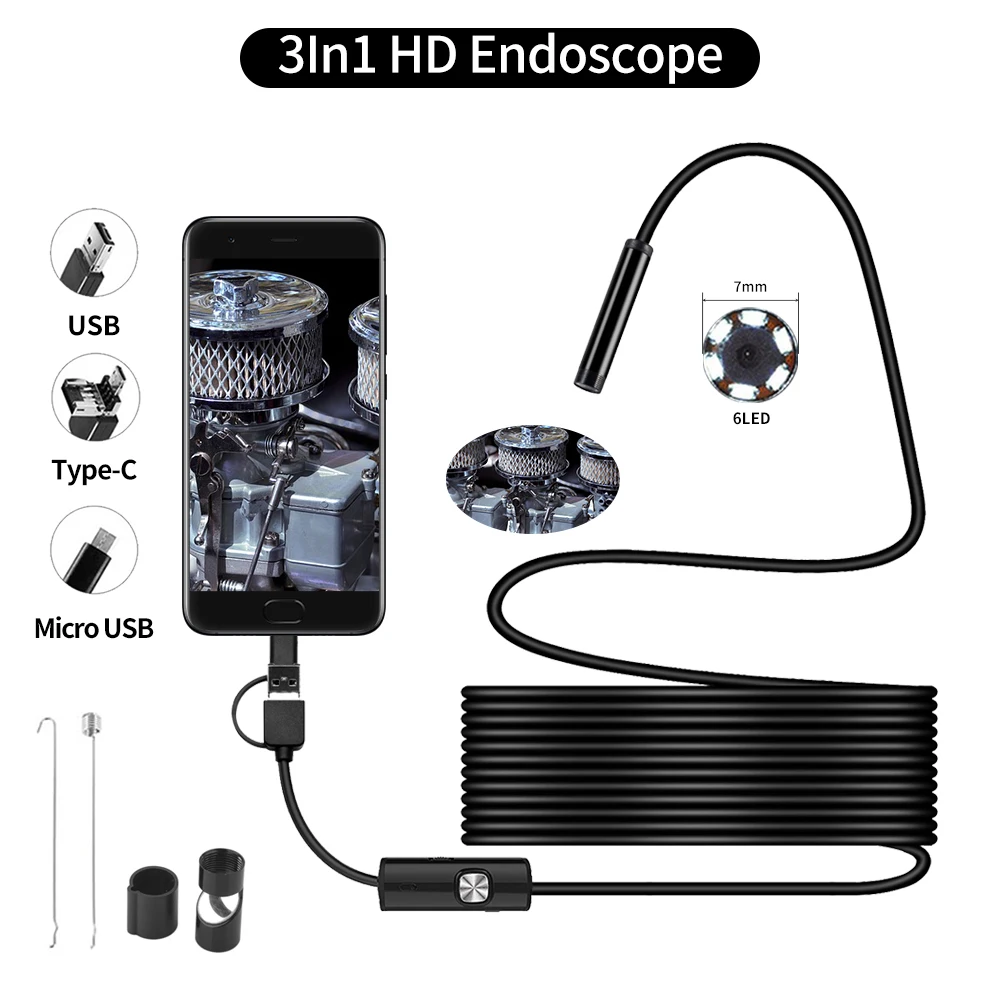 5 мм/7 мм 3 в 1 эндоскоп USB гибкая Автомобильная камера для осмотра труб 1200P бороскоп