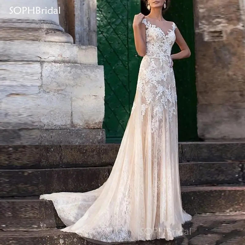 

New Illusion Appliques Wedding Dress Vintage Bridal Gowns Robe De Mariage Sheath Wedding Dresses Robe de Soire de Mariage