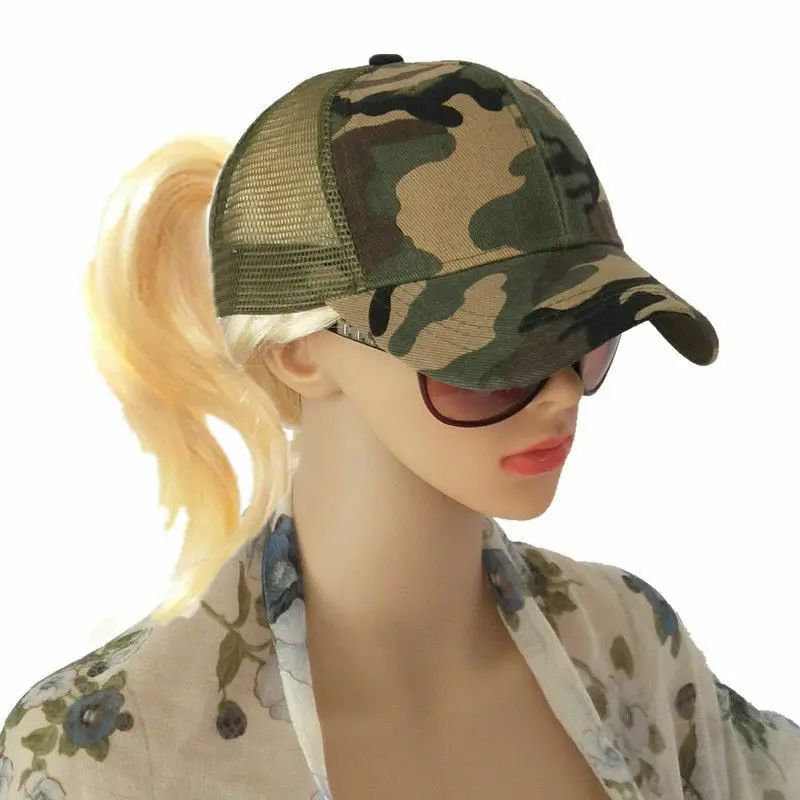 

Women Ponytail Baseball Cap Messy Bun Ponycap Snapback Summer Mesh Camo Casual Sun Hat Green