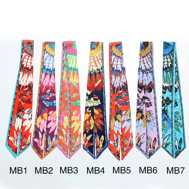 

New Design 5*100cm Scarfs Feather Print Women Silk Scarf Head Band Brand Handle Bag Ribbons Small Long Scarves Dropshipping