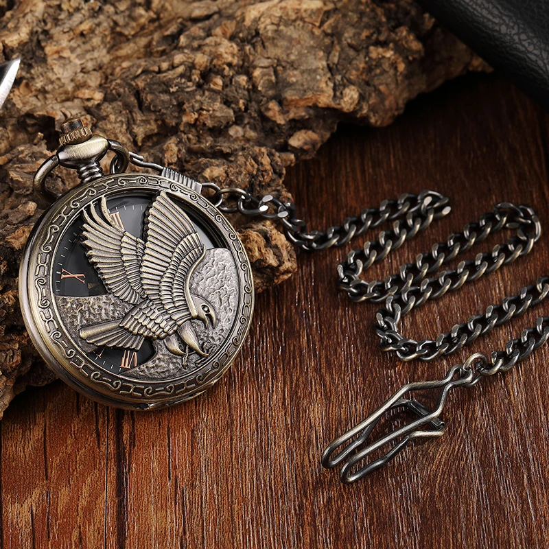 Roman Numeral Antique Mechanical Pocket Watch Skeleton Steampunk Vintage Eagle Engraved Case Dial Male Fob Chain Clock for Men