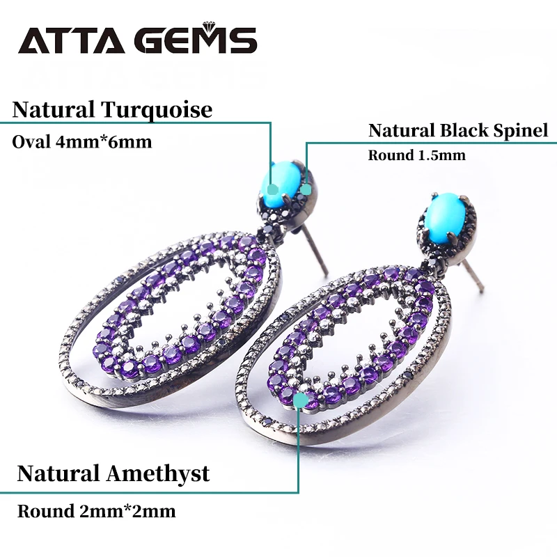 Женские серебряные серьги с аметистом из Натуральной Бирюзы кристаллами для