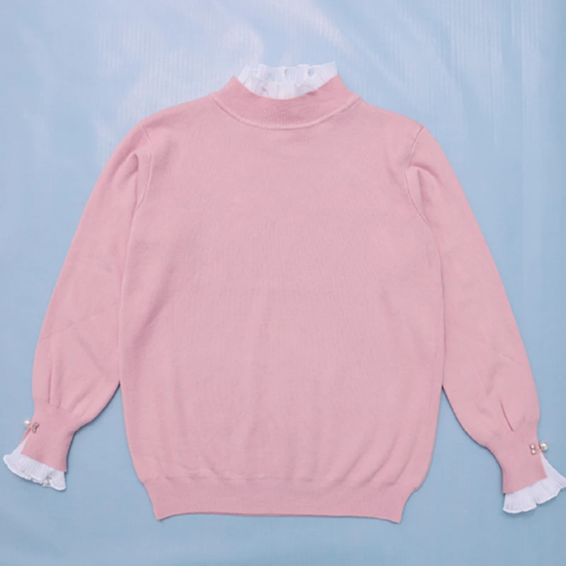 

Fake Two-Pieces Knitted Thin Women Sweater Korean Fashion Solid Color Autumn Clothes Office Lady Long Sleeve Pullover