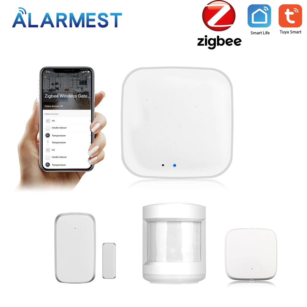 ALARMEST Tuya Zigbee Hub Smart Home PIR Sensor Door Sensor Temperature and Humidity Sensor Home Automation Security Alarm Kit