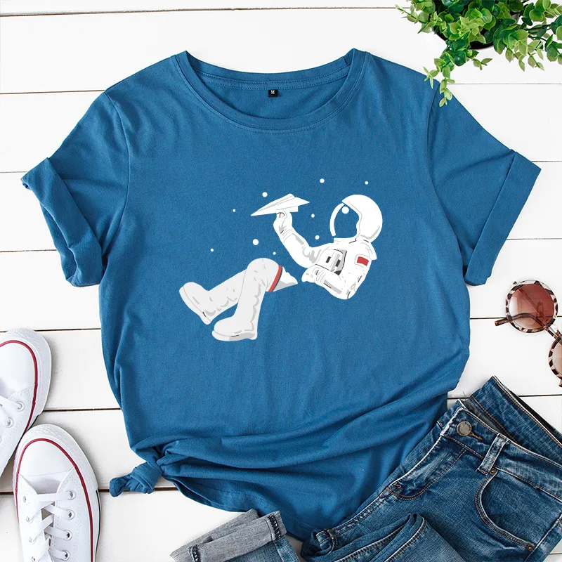 

Women Astronaut Print T-shirt Summer Cotton Basic Tee Shirt Streetwear Casual Harajuku Print Tops S-5XL