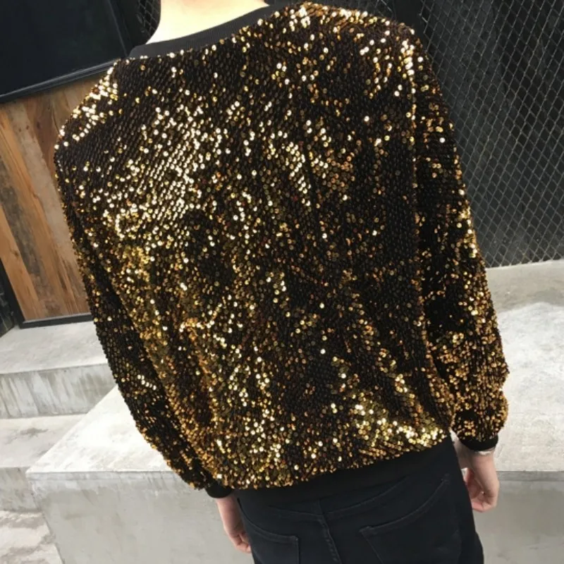 Новинка 2020 модные топы с круглым вырезом и блестками Мужская футболка длинным