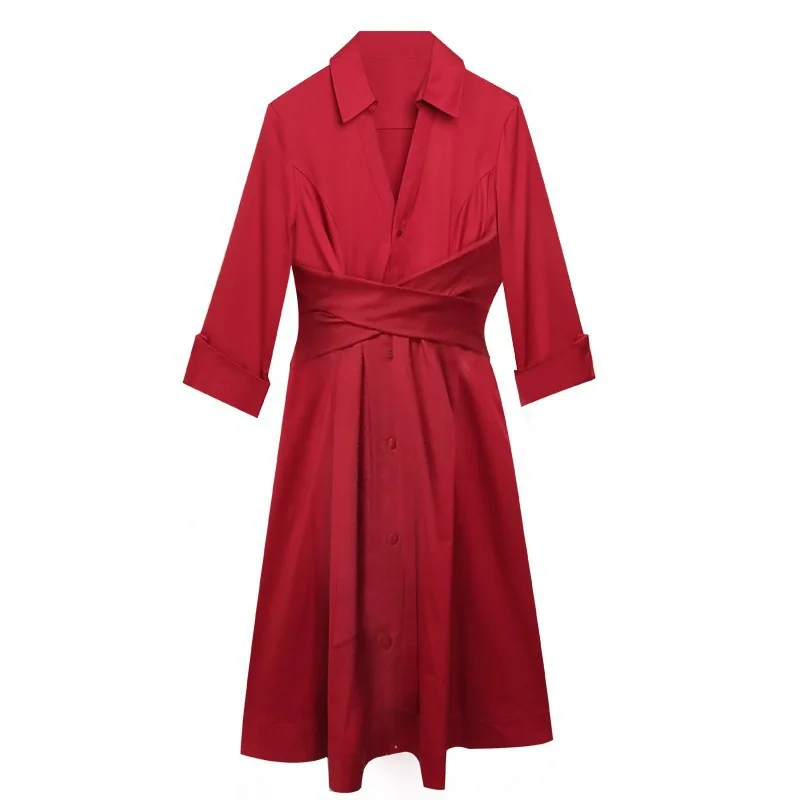 

Spring Autumn Buttons Lapel Temperament Slim Big Skirt Female Red Dress New Waist Slimming Popular Long Skirt Women Party Dress