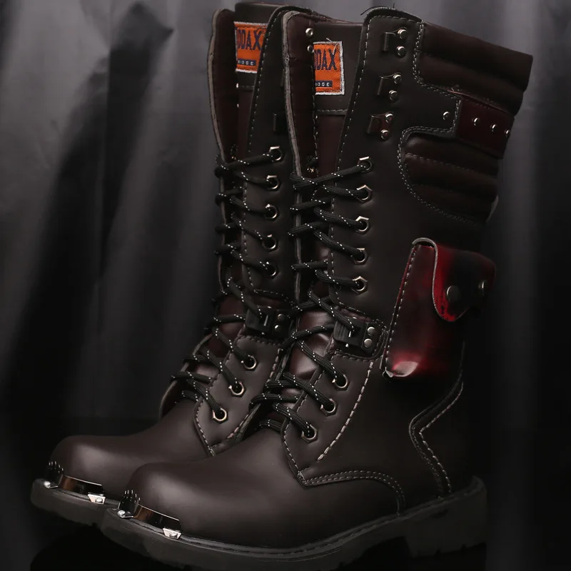 

British Personalized Punk Men High Top Leather Boots Fashion Cowboy Knee Boot Buckle And Chains Man Motorcycle Boots 889
