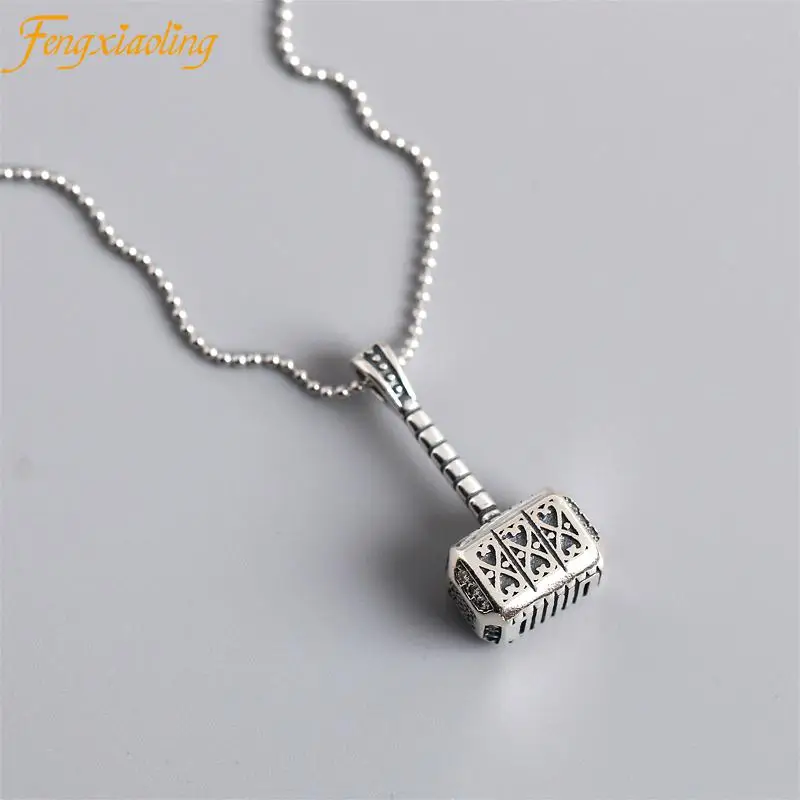 

Genuine 925 Sterling Silver Thor's Hammer Pendant Necklaces Vintage Thai Silver 1mm Round Beads Chain Fashion Party Jewelry 2021