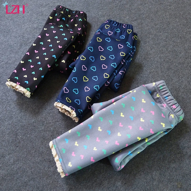 

LZH 2021 New Winter Girls Warm Pants Winter Children Plus Velvet Thickening Outwear Pants Cartoon Printing Slim-fit Lace Pants