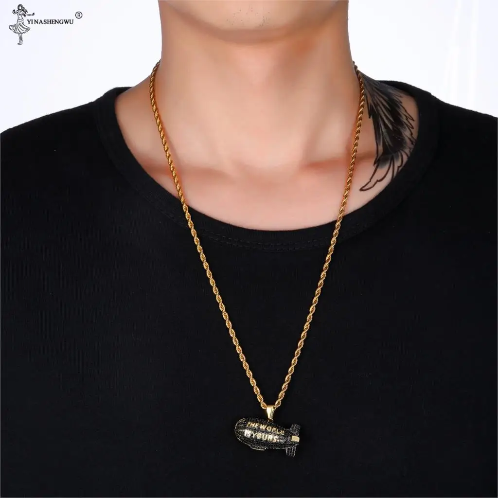 

Hip Hop Custom THE WORLD IS YOURS Blimp Gold Silver Color Cubic Zircon Necklaces & Pendants For Men Jewelry With Tennis Chain