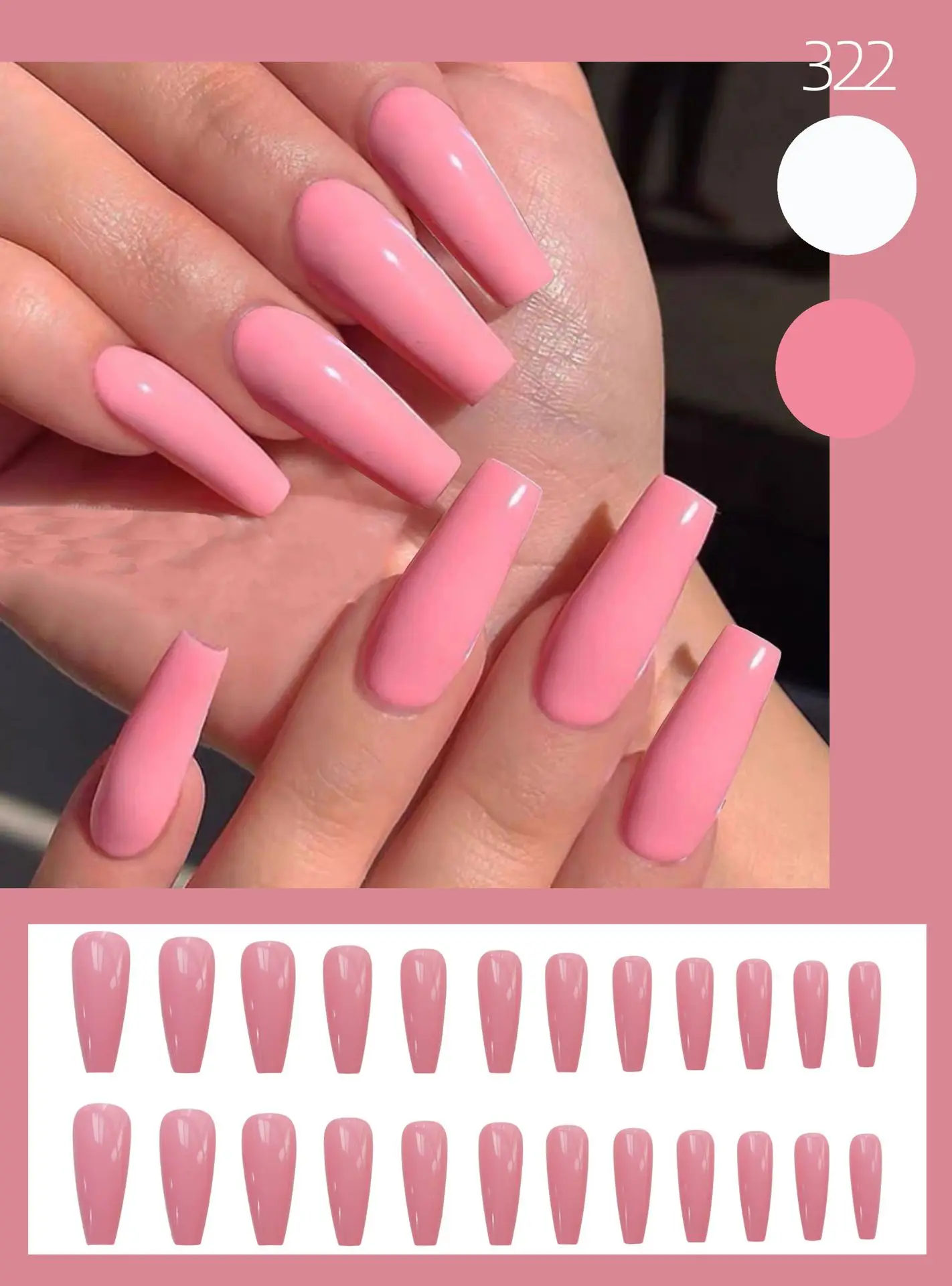 

Glossy Pink Extra Long Ballet False Nails Full Nail Tips Reusable Ultra Thin Solid Color Finished Fake Nails with Liquid Glue