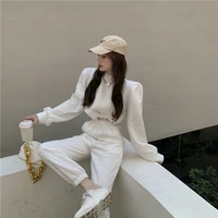 2020 autumn and winter new fashion Korean version ins tide rhombus short long sleeve loose slim trousers two-piece female