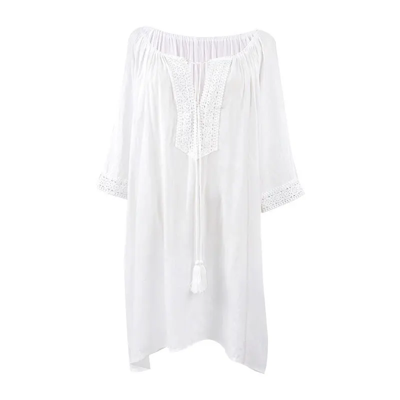 

2021 New Midi Summer Dresses Beach Cover Up Women White Soft Cotton Tassel Lace Suncreen V-neck Oversized Outer Swimsuit Dress